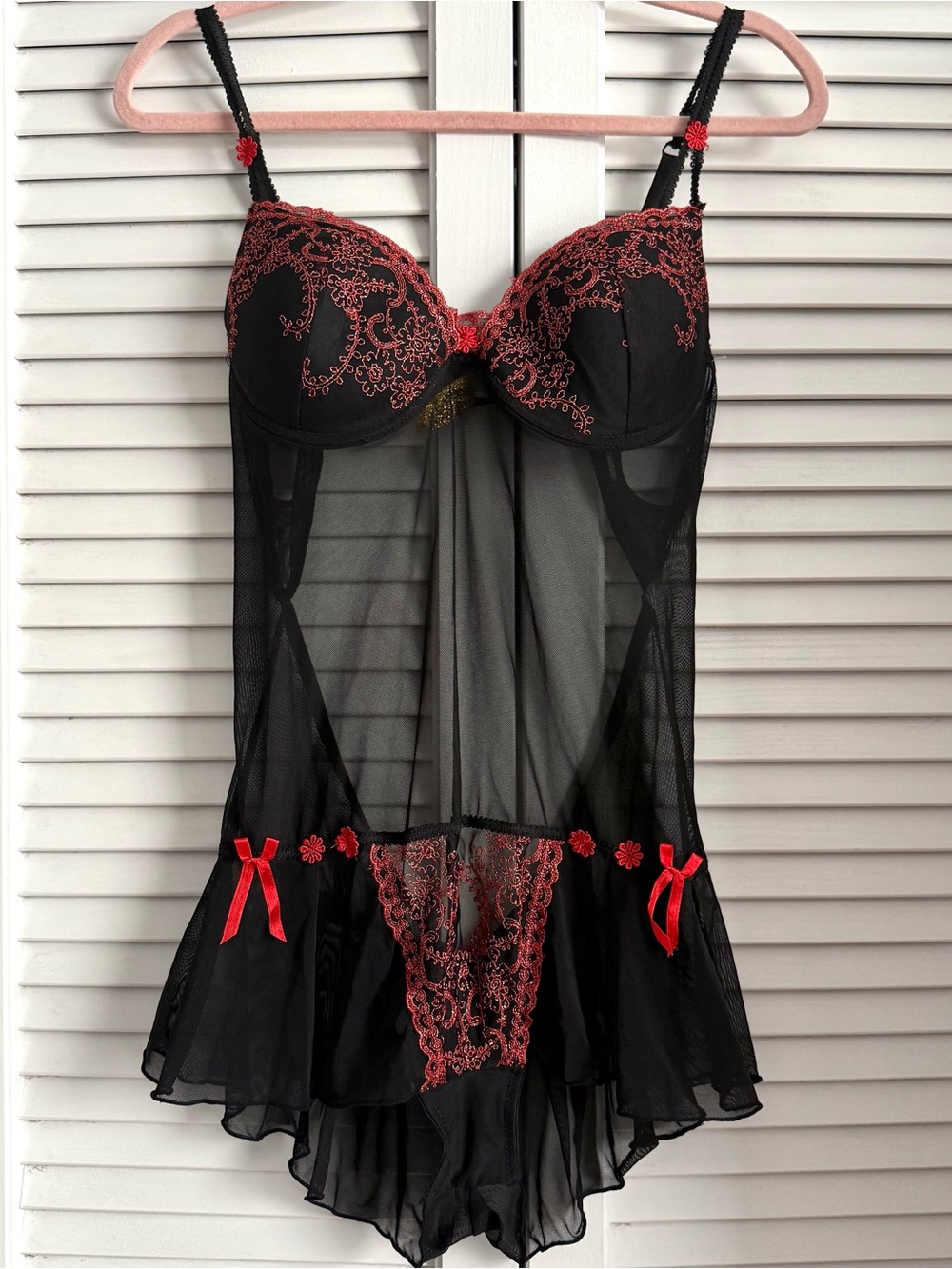 Black & Red Lace Mesh Babydoll Onesie - Women Intimates